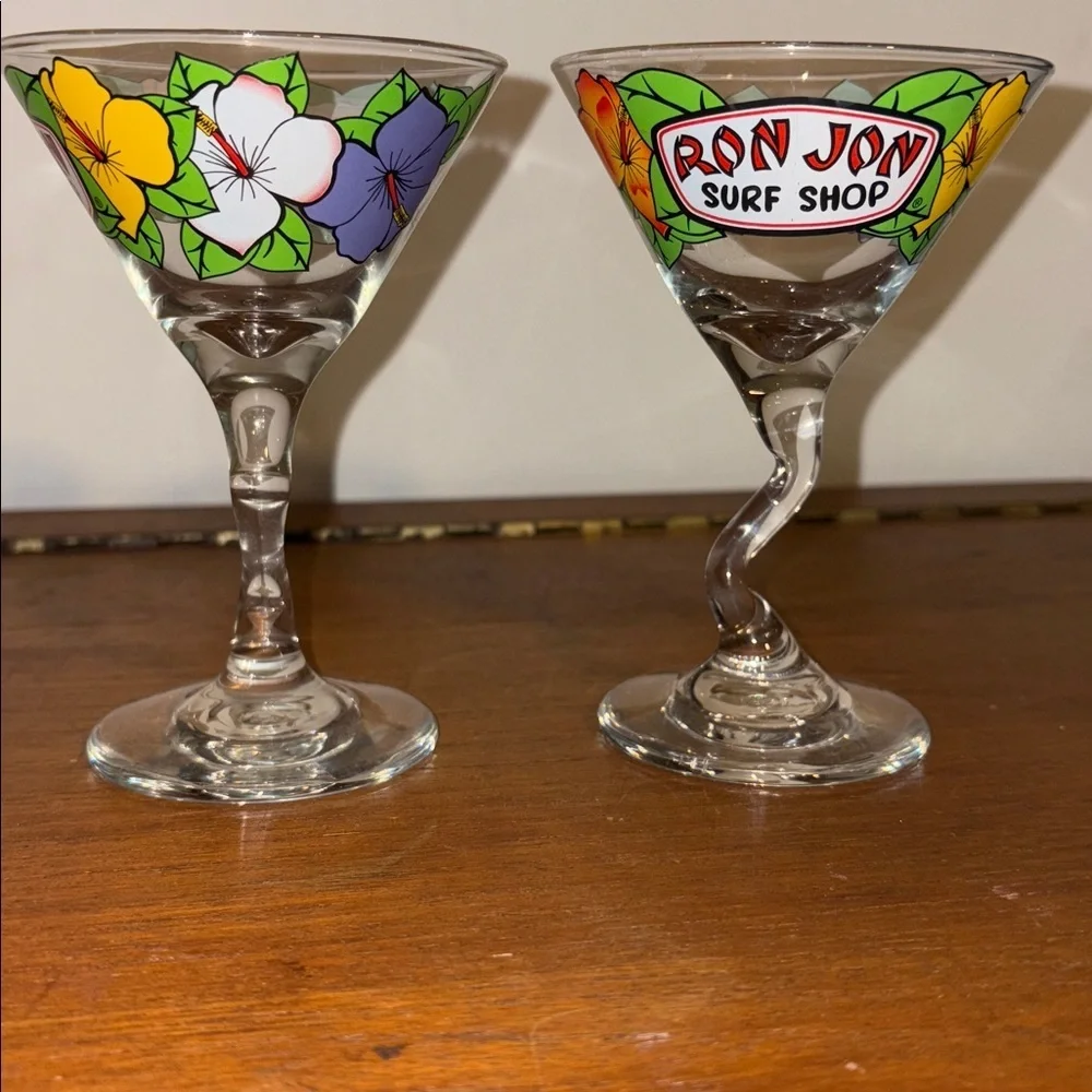 Y2K Era Ron Jon Surf Shop Retro Bent Stem Martini Glass 2 Matching Hibiscus Cute